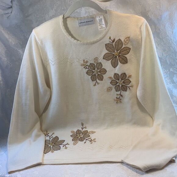 Alfred Dunner Sweater Medium Beige Flower Sequins Beads Accents Woman’s Used - Picture 2 of 10